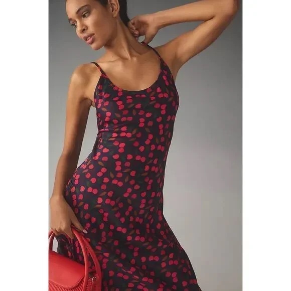 Anthropologie Midi Slip Dress, Cherry Print - Picture 3 of 7